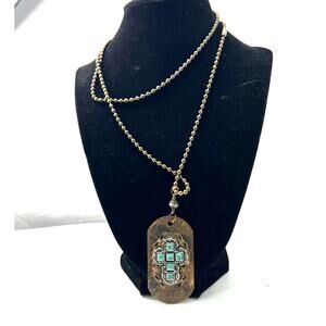 Sisi Amber necklace brass-tone dog tag matching beaded chain turquoise long 20"